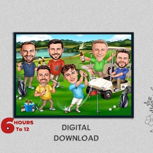 Karykatura Golfisty Przyjaciele Zespół Gra w golfa Golfista Golfista Sportowiec Karykatura Portret Ze zdjęcia Golf Zespół Ciesz się Urodziny
