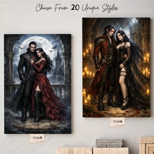 Puede incluir: Dos impresiones en lienzo de tem&aacute;tica g&oacute;tica. Una presenta a una pareja abraz&aacute;ndose frente a una luna llena, la otra a una pareja en una habitaci&oacute;n iluminada con velas. El texto dice "Choose From 20 Unique Styles".