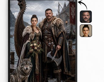 Puede incluir: Un retrato de pareja vikinga personalizado y enmarcado que muestra a una persona con vestido oscuro y capa de piel sosteniendo un ramo y a otra con armadura de cuero y capa de piel sosteniendo un hacha, junto a un lobo y un barco vikingo.