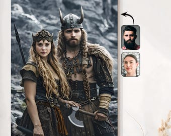 Retrato de pareja vikinga personalizado: regalo de decoración de pared con arte guerrero personalizado