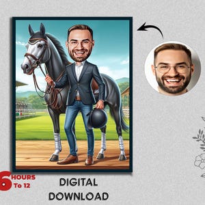 Regalo de jinete Caricatura de jinete de caballo a partir de foto Arte divertido de jugador de carreras de caballos Retrato divertido y jocoso Dibujo de caricatura jocoso Regalo de cumpleaños