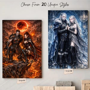 Puede incluir: Se muestran dos impresiones de arte de fantas&iacute;a, una que representa a una pareja con armadura oscura contra un fondo de fuego, y la otra una pareja con atuendo elegante en un entorno nevado. El texto en la parte superior dice "Choose From 20 Unique Styles."