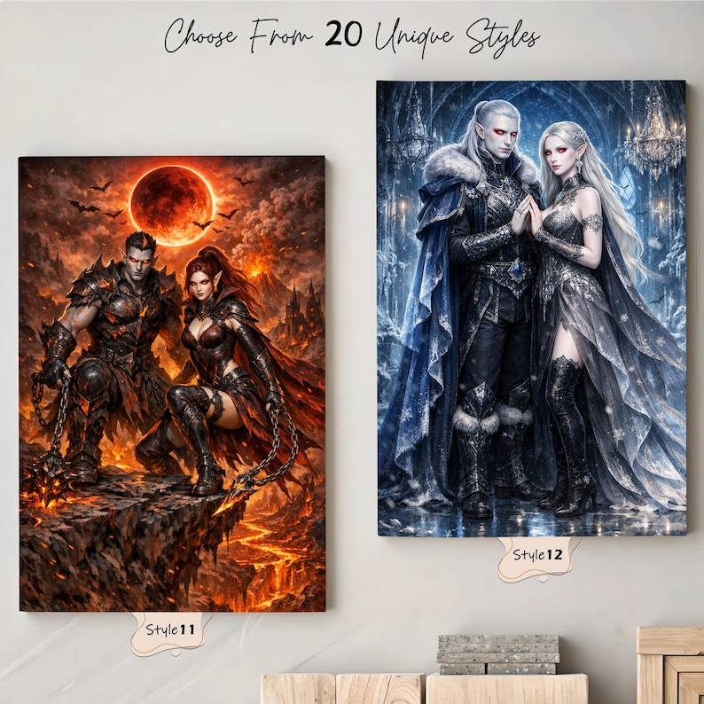 Puede incluir: Se muestran dos impresiones de arte de fantas&iacute;a, una que representa a una pareja con armadura oscura contra un fondo de fuego, y la otra una pareja con atuendo elegante en un entorno nevado. El texto en la parte superior dice "Choose From 20 Unique Styles."
