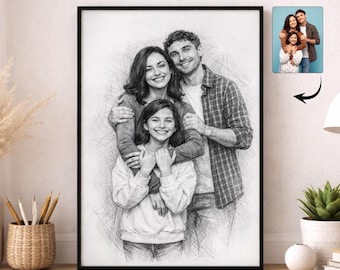 Ritratto a matita personalizzato disegnato a mano da foto, schizzo di famiglia, arte a matita personalizzata
