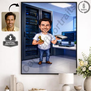 May include: Digital portrait of a man in a server room, holding a trophy and a server. The image includes a portrait of the man and a digital delivery icon. The text "6 hours" is also visible.