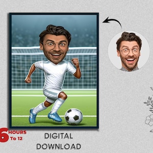 Retrato de caricatura de jugador de fútbol a medida, regalo de jugador atlético para deportista masculino, foto masculina divertida para descarga digital de dibujos animados