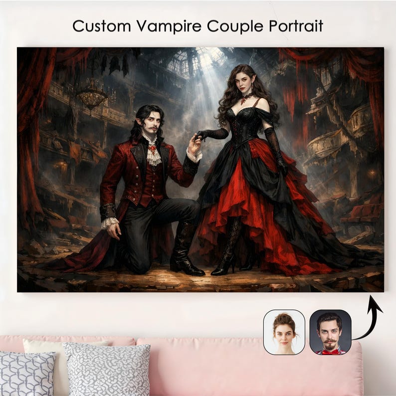 Puede incluir: Un retrato personalizado de una pareja de vampiros sobre lienzo. La obra representa a un hombre arrodillado ante una mujer en un entorno g&oacute;tico. El hombre viste una chaqueta roja, mientras que la mujer lleva un vestido negro y rojo. El texto "Custom Vampire Couple Portrait" est&aacute; en la parte superior.
