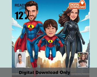 Super Hero Family Caricature, Photo to Cartoon ,Custom Superhero Caricature Drawing from Photo, Funny Superhero Caricature, Gift for Family
