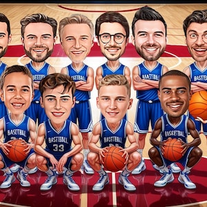 Plantilla de equipo completo de baloncesto personalizada, 10 jugadores y 2 entrenadores, caricatura deportiva, atleta de cancha, jugador de baloncesto estrella, descarga digital, regalo de cumpleaños