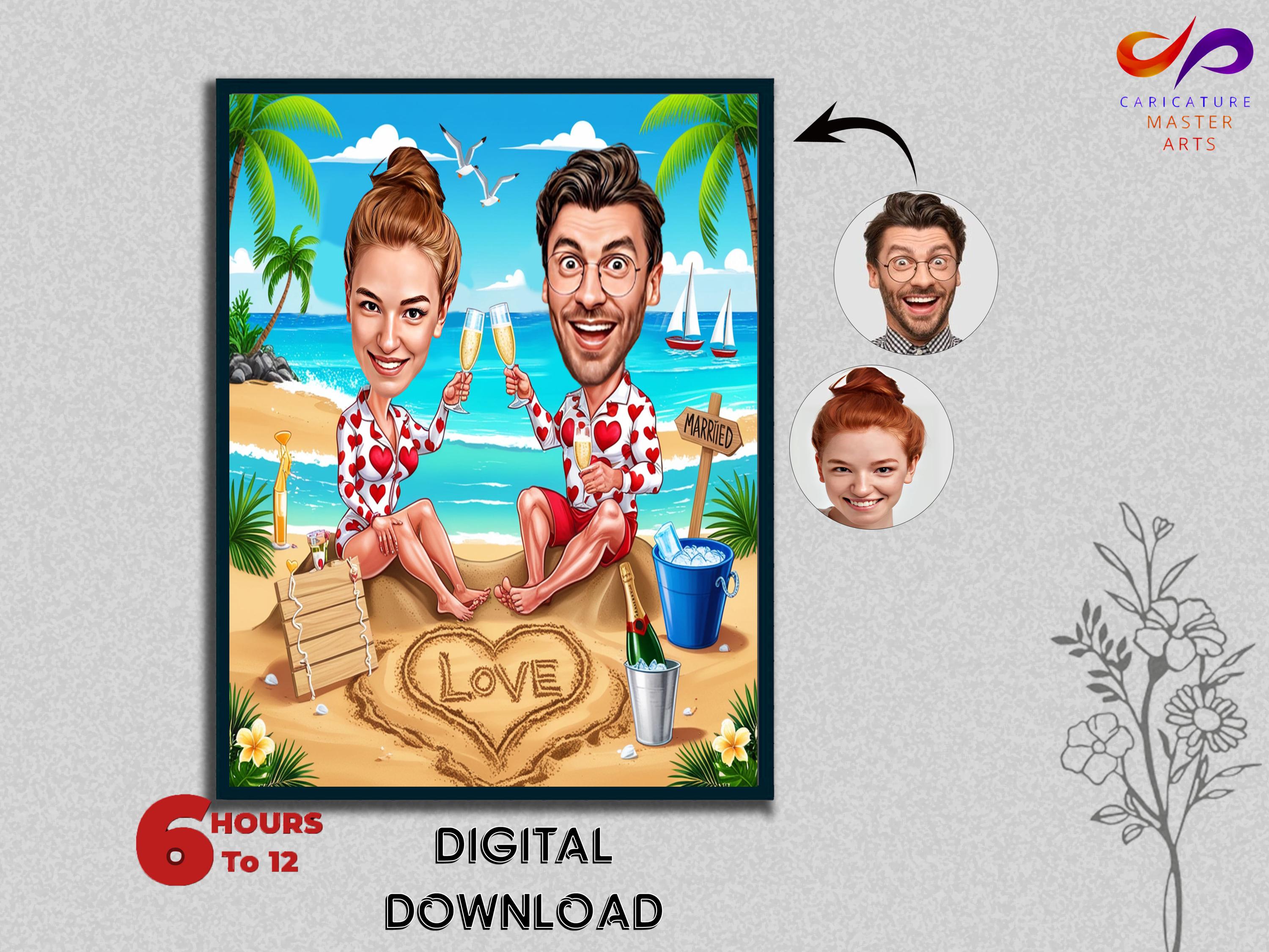 Love Day Beach Couple Caricature Wedding Enjoying Happy Married Male Female Romantic Partner Unique Celebration Memorable Date Digital Gift
