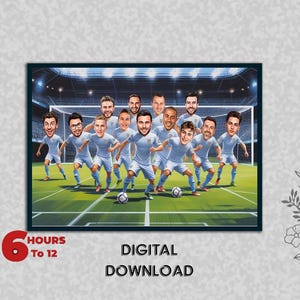 Caricatura personalizzata del gruppo di squadre di calcio maschile, squadra di calcio, scuola, squadra di calcio, giocatori, equipaggio sportivo, formazione, foto in formato fumetto, download digitale