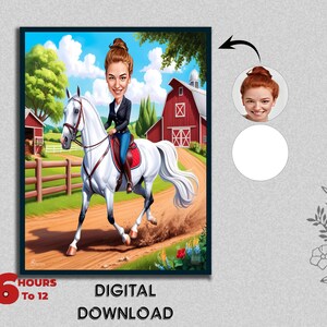 Ladies Female Horse Pony Rider Horsewoman Galloping Girl Pet Animal Caretaker Lover Caricature Photo to Cartoon Digital Download Gift Art