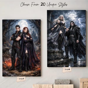 Puede incluir: Dos impresiones art&iacute;sticas en lienzo con personajes de fantas&iacute;a. Una muestra a una pareja con ropa oscura contra un fondo de bosque, etiquetada como "Estilo 7". La otra representa a una pareja con ropa negra sobre una estructura de piedra, etiquetada como "Estilo 8". El texto superior dice "Elige entre 20 estilos &uacute;nicos."