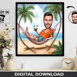 Custom Beach Caricature Portrait, Personalized Vacation Digital Download Gift, Funny Summer Wall Art, Tropical Hammock Cartoon Drawing