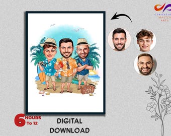 Custom Beach Friends Cartoon Caricature Portrait from Photo Beach 3 Friends Caricature, Beach Gift for Holidays Caricature Digital Download