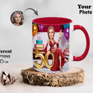 Female 50th Birthday Caricature Stylish Mug Ladies Girls Your Own Photo Funny Mugs Cartoon Coffee Mug Gift Girlfriend Grandma Custom Tea Cup