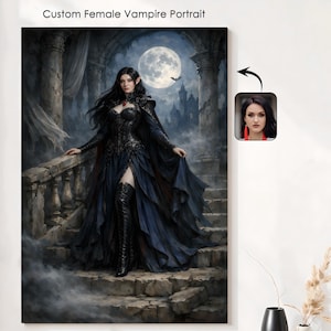 Könnte beinhalten: Ein individuelles Porträt einer weiblichen Vampirin vor gotischem Hintergrund mit Vollmond. Die Vampirin trägt ein schwarzes Kleid und Stiefel mit langen schwarzen Haaren. Der Text "Custom Female Vampire Portrait" ist enthalten.