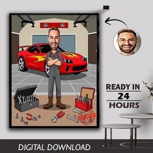 Caricatura de garaje de vehículo masculino personalizada, servicio de automóviles, reparación automotriz, experto, mecánico, ingeniero de motores, técnico, fotografía a caricatura digital