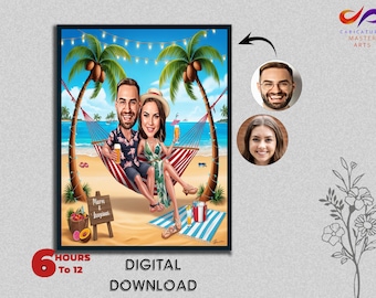 Love Day Beach Couple Caricature Wedding Enjoying Happy Married Male Female Romantic Partner Unique Celebration Memorable Date Digital Gift