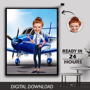 Neue maßgeschneiderte Karikatur von Pilotin Flugzeug Flieger Flugzeugführer Kapitän Porträt Foto zu Cartoon Geburtstagsgeschenk für Piloten Digital