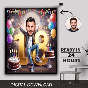 Illustrazione regalo di caricatura personalizzata per il 18° compleanno di un ragazzo, celebrazione unica di un traguardo, divertente e memorabile, ricordo che può essere creato per qualsiasi età