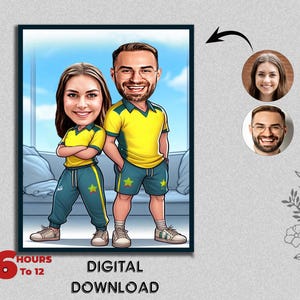 Ritratto di coppia di giocatori di calcio personalizzati, caricatura di rugby, regalo per coppia, caricatura di coppia di giocatori di calcio, caricatura di cartoni animati da foto digitale