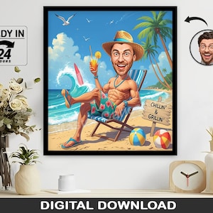 Custom Beach Caricature Portrait, Personalized Vacation Digital Download Gift, Funny Summer Wall Art, Tropical Hammock Cartoon Drawing