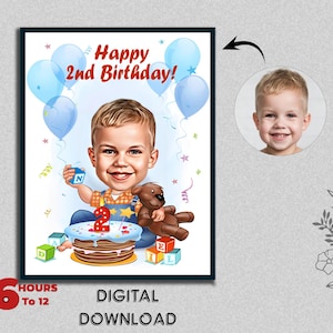 Regalo de caricatura de segundo cumpleaños para niños a medida Ilustración personalizada Celebración de un hito único Recuerdo divertido y memorable que se puede crear para cualquier edad