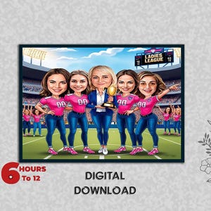 Caricatura personalizzata per allenatori di squadre di giocatrici di ragazze, design sportivo, gioco di calcio femminile, cricket, rugby, tennis, calcio, atleta, cartone animato, download digitale