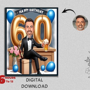 Cadeau personnalisé caricature pour 60e anniversaire Illustration personnalisée Célébration d'un jalon unique, amusant et souvenir mémorable à créer pour tous les âges