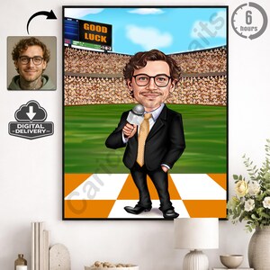 Custom Sports Commentator Caricature from Photo, Personalized Broadcaster Portrait, Stadium Reporter Gift, Sports Fan Cartoon, Unique Gift