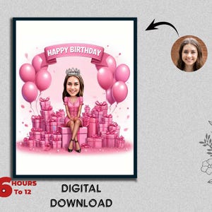 Female Girls Ladies Pink Birthday Caricature Art Gift Personalized Celebration Fun Digital Download Photo to Cartoon can Create for any age