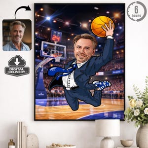 May include: A framed digital portrait of a man in a suit, mid-air, about to dunk a basketball. The image is set in a basketball arena. The portrait is a caricature. The image includes the text "DIGITAL - DELIVERY -" and a "6 hours" icon.