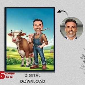 Caricatura de GRANJERO personalizada, obra de arte personalizada, dibujo de dibujos animados a partir de una foto, regalo perfecto para granjeros y trabajadores de campo, retrato único dibujado a mano