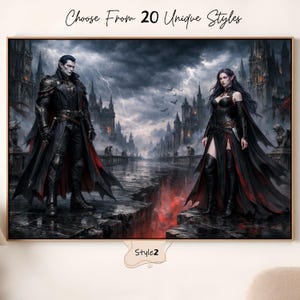 Puede incluir: Obra de arte enmarcada que presenta una escena de fantas&iacute;a g&oacute;tica con dos figuras vestidas de oscuro. La obra muestra a un hombre y una mujer en un paisaje dram&aacute;tico con un cielo tormentoso, castillos y el texto "Choose From 20 Unique Styles".