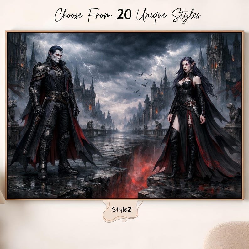 Puede incluir: Obra de arte enmarcada que presenta una escena de fantas&iacute;a g&oacute;tica con dos figuras vestidas de oscuro. La obra muestra a un hombre y una mujer en un paisaje dram&aacute;tico con un cielo tormentoso, castillos y el texto "Choose From 20 Unique Styles".