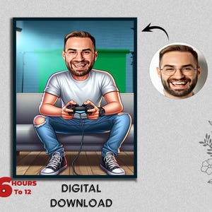 Mannelijke gamer karikatuur pc-videogamespeler online gamingkampioen X Box PS5-expertconsolegebruiker Grappig cadeau Digitaal downloaden Foto naar cartoon