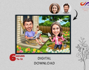 Custom Gardening Couple Caricature: Romantic Birthday Gift (Digital Download)