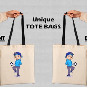 Bolsa de mano personalizada con un niño de dibujos animados y un balón de fútbol / Estampado frontal y posterior / Regalo único para niños, amantes del deporte y niños / Bolsa ecológica