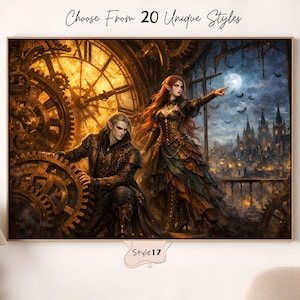 Puede incluir: Una impresi&oacute;n art&iacute;stica enmarcada de fantas&iacute;a con dos figuras vestidas con atuendo steampunk. La obra de arte incluye una gran esfera de reloj, engranajes y un paisaje urbano bajo un cielo iluminado por la luna. El texto en la parte superior dice "Choose From 20 Unique Styles" y "Style 17" en la parte inferior.