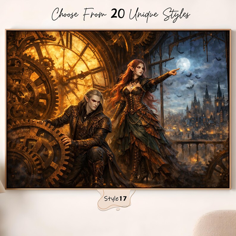 Puede incluir: Una impresi&oacute;n art&iacute;stica enmarcada de fantas&iacute;a con dos figuras vestidas con atuendo steampunk. La obra de arte incluye una gran esfera de reloj, engranajes y un paisaje urbano bajo un cielo iluminado por la luna. El texto en la parte superior dice "Choose From 20 Unique Styles" y "Style 17" en la parte inferior.