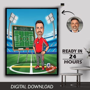 Benutzerdefinierte Fußballtrainer Karikatur Porträt Sporttrainer Geschenk für männlichen Trainer Sportlehrer Lustiger Trainer Foto zum Cartoon Digitaler Download