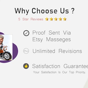 Puede incluir: Un anuncio con el texto "&iquest;Por qu&eacute; elegirnos?" y "Rese&ntilde;as de 5 estrellas". La imagen incluye una caricatura de una persona en una motocicleta y el texto "Prueba enviada a trav&eacute;s de mensajes de Etsy", "Revisiones ilimitadas" y "&iexcl;Garant&iacute;a de satisfacci&oacute;n!"