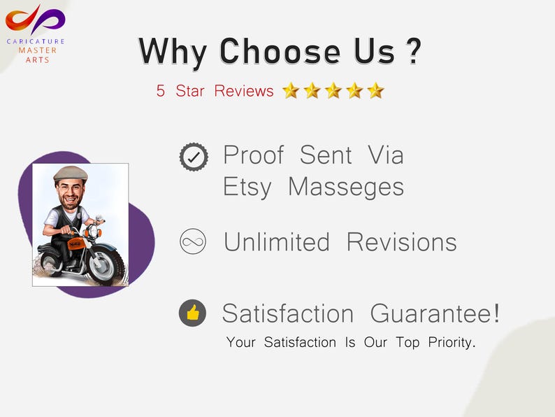 Puede incluir: Un anuncio con el texto "&iquest;Por qu&eacute; elegirnos?" y "Rese&ntilde;as de 5 estrellas". La imagen incluye una caricatura de una persona en una motocicleta y el texto "Prueba enviada a trav&eacute;s de mensajes de Etsy", "Revisiones ilimitadas" y "&iexcl;Garant&iacute;a de satisfacci&oacute;n!"