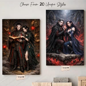 Puede incluir: Dos impresiones en lienzo con arte de fantas&iacute;a g&oacute;tica. Una muestra a una pareja leyendo un libro en una biblioteca, la otra representa a una pareja en un entorno oscuro y ardiente. El texto "Choose From 20 Unique Styles" est&aacute; en la parte superior.