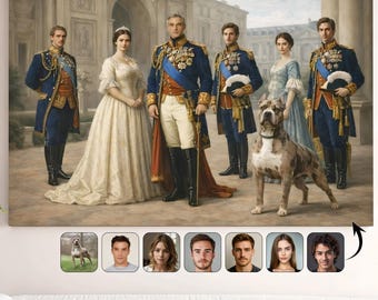 Puede incluir: Un retrato familiar histórico personalizado con seis figuras con vestimenta real, un perro y el texto "Custom Historical Family Portrait with Custom Pet". Las figuras están en un patio, con un fondo neutro.