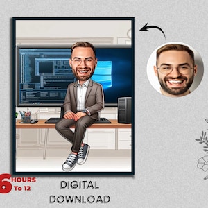 Custom Computer Engineer Caricature - Personalized IT Manager Cartoon Portrait Unique Funny Engineer Gift Photo to Cartoon Digital Download