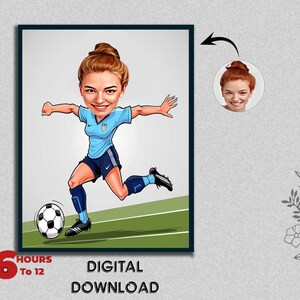 Female Ladies Girls Football Player Coach Caricature Portrait Athletic Gift for Soccer Sports Funny Male Photo to Cartoon Digital Download