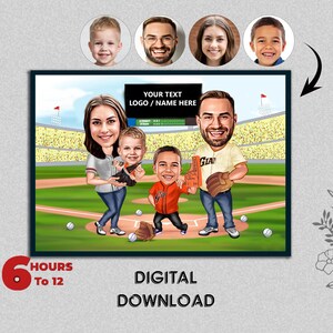 Benutzerdefinierte personalisierte Familie Baseballspieler Baseball Sport Basisball Sport Stadion Sportplatz Porträt Karikatur Design Geburtstagsgeschenk