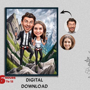 Paar Partner Outdoor Picknick Wandern Bergsteigen Walking Party Urlaub Karikatur Foto Cartoon Digital Download Geburtstagsgeschenk